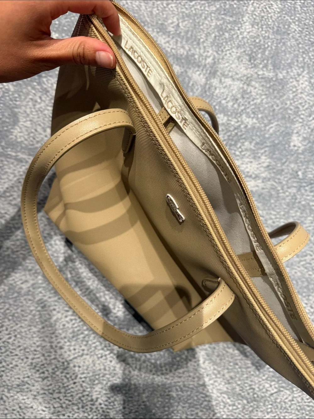 Lacoste Pale Peach Leather Tote with Signature Croc